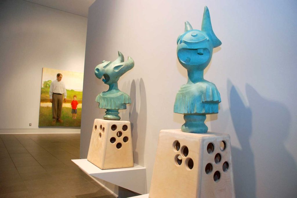 "Portrait of the Artist as a Young Man" and "Portrait of the Artist as a Young Man with Pignose." Bronze. 44x31x23". 2008.