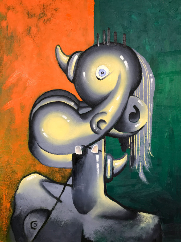 "Protocubist Portrait Number 2" 24 x 36 x 2 in. Oil on Linen over Hardboard. Elliott Earls, January 2018.