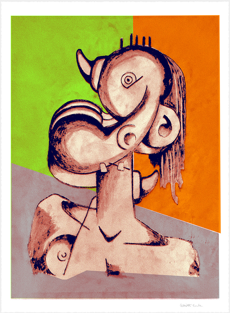 "Protocubist Portrait Number 2" By Elliott Earls 22 x 30 in. • 6 spot colors On Stonehenge Heavyweight 100% Bright White Cotton Archival Paper with Deckle Edge Blind Embossed with the Cranbrook Printshop Chop and Cranbrook Seal Edition of 15 Signed & Dated by the Artist Released February 12, 2018.