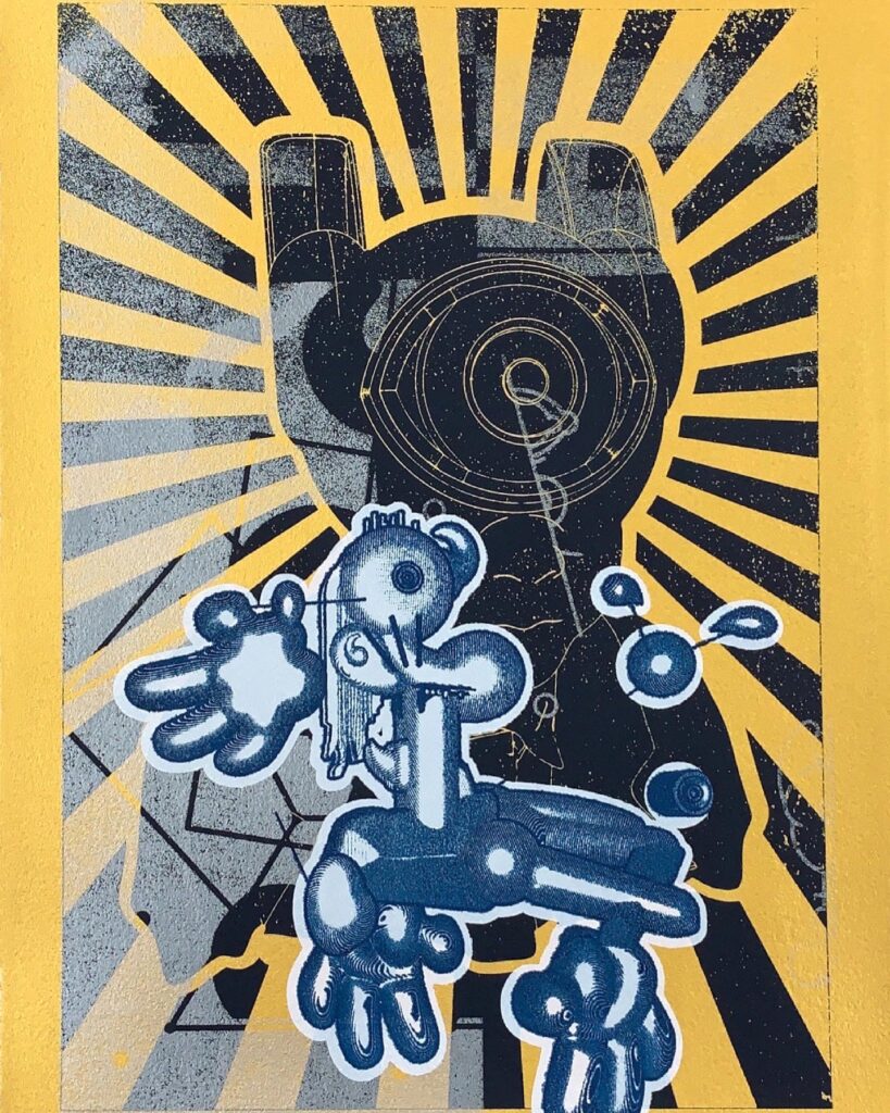 “Disassociation 002” Print By Elliott Earls
11.5 x 16 in.
5 Spot colors – (1 gold Metallic).
Edition of 40.
Sign & Numbered.
Heavyweight Rives BFK 100% Cotton Paper.
Public Release June 17,2021 Noon EST.