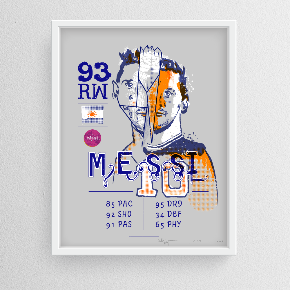 “Messi Player Card” By Elliott Earls 19.5″ x 25.5″ 3 Spot Colors Timed Edition (available for 24 hours only) Available from Tuesday August 29th, 2023 at 12:00PM to Wednesday August 30th, 2023 at 12:00PM to March 2, 2022 at 12:00 PM Canson Mi-Teintes 100% Cotton Paper Signed & numbered by the Artist Released August, 27, 2023 at 12:00PM Hand-Pulled Screenprint.