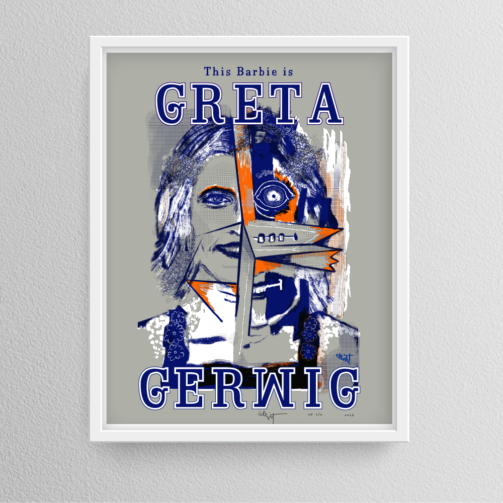 “This Barbie is Greta Gerwig” By Elliott Earls 19.5″ x 25.5″ 3 Spot Colors Edition of 50 Canson Mi-Teintes 100% Cotton Paper Signed & numbered by the Artist Released July, 12, 2023 at 12:00PM Hand-Pulled Screenprint