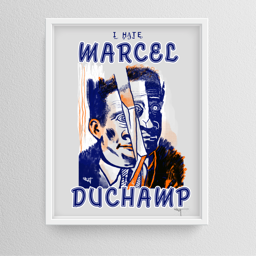 “I Hate Marcel Duchamp” By Elliott Earls 19.5″ x 25.5″ 3 Spot Colors Timed Edition (available for 24 hours only) Available from May, Friday, 2023 at 12:00PM to May, Friday, 2023 at 12:00PM to March 2, 2022 at 12:00 PM Canson Mi-Teintes 100% Cotton Paper Signed & numbered by the Artist Released May, 19, 2023 at 12:00PM Hand-Pulled Screenprint