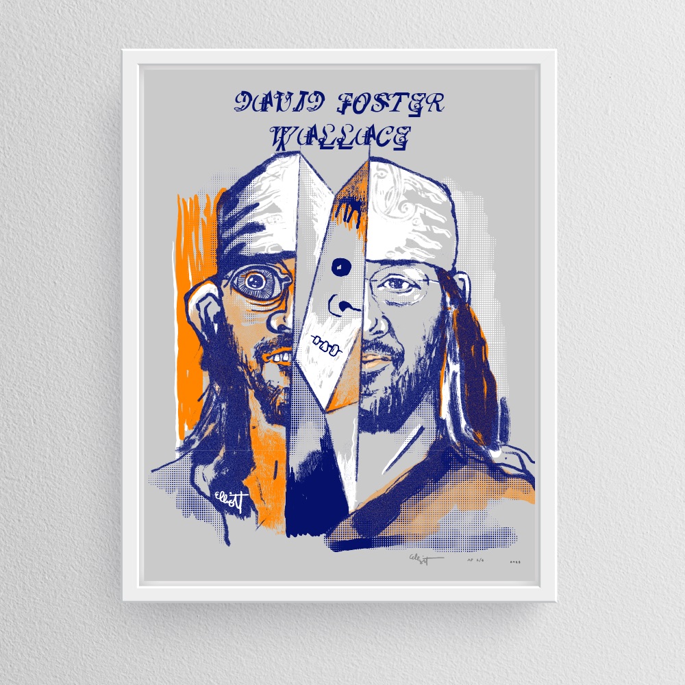 “Portrait of David Foster Wallace” By Elliott Earls 19.5″ x 25.5″ 3 Spot Colors Timed Edition (available for 24 hours only) Available from May, Wednesday, 2023 at 12:00PM to May, Wednesday, 2023 at 12:00PM to March 2, 2022 at 12:00 PM Canson Mi-Teintes 100% Cotton Paper Signed & numbered by the Artist Released May, 31, 2023 at 12:00PM Hand-Pulled Screenprint.