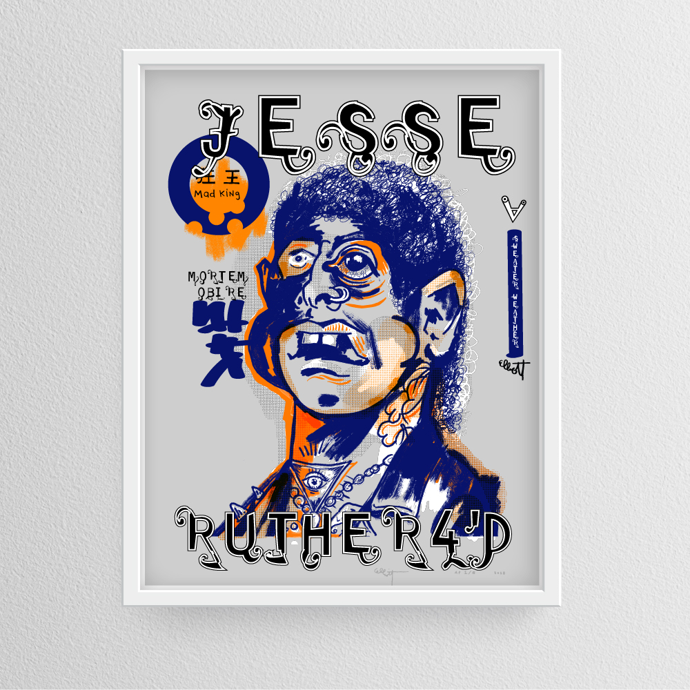 “Portrait of Jesse Ruther4’d” by Elliott Earls  * 19.5 x 25.5″ * 3 Spot Colors (1 Spot = Fluorescent “day-glow” color) * Edition of 50 * Canson Mi-teintes Heavy Weight 100% Cotton Paper with a Deckle Edge * Signed & numbered by the Artist * Released April 24, 2023 at 12:00 PM * Hand-Pulled Screenprint