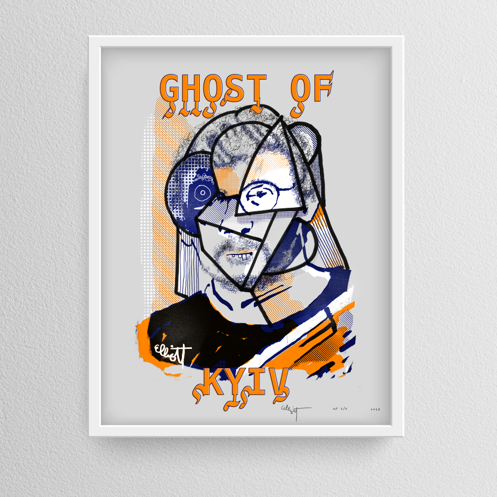 “Ghost of Kyiv” Timed Edition for December 31, 2023 2021 by Elliott Earls * 19.5 x 25.5″ * 4 Spot Colors 4 * Timed Edition (available for 24 hours only) – available from Dec 30, 2023 at 12:00 PM to Dec 31 2023 at 12:00 PM * Canson Mi-teintes Heavy Weight 100% Cotton Paper with a Deckle Edge * Signed & numbered by the Artist * Released Dec 31, 2023 at 12:00 PM * Hand-Pulled Screenprint * Canson Mi-teintes